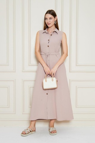 Kadın Uzun Aerobin Elbise Gömlek Yaka, Kolsuz, Kemerli, Yandan Cepli Yazlık-3762385 Pudra