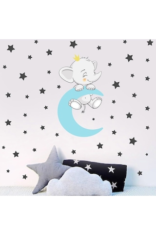 Artikel Ayda Uyuyan Sevimli Fil ve Yıldızlar Çocuk Odası Duvar Sticker 50 x 70 Cm
