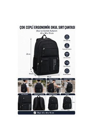 Okul Sırt Çantası Çok Cepli Lüks Ergonomik Öğrenci Günlük Kullanım Çantası 45x30x15 Cm Çok Renkli