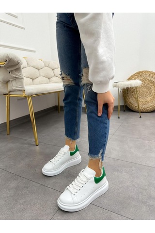 Erva'nın Butiği Beyaz Yeşil Queen Kadın Bağcıklı Sneakers-5024 Beyaz Yeşil Cilt