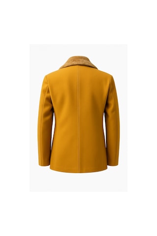 Erkek Kürklü Yaka Kaşe Kaban Slim Fit Çift Düğmeli Kışlık Mont Hardal Sarısı