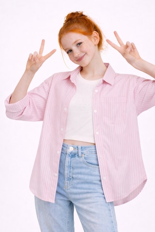 Ahengim Kız Çocuk Çizgili Taşı Crop Badili Gömlek Takım Ak2606 Pembe