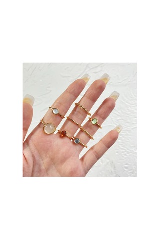 Bliss Gold Altın Renk Kristal Taşlı Şık Modern Bohem 8 Parça Yüzük Seti-14 Şubat Sevgiliye Hediye