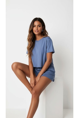 Merlot T-shirt Şort Örme Pijama Takımı Mavi