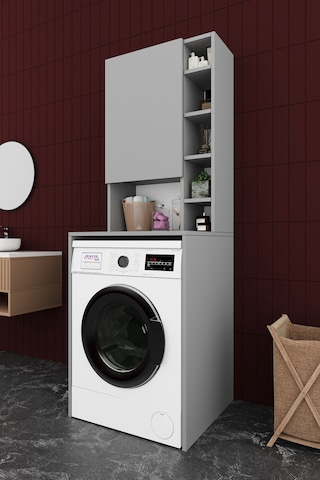 Asra Trend Çamaşır Makinesi Üstü Banyo Dolabı BD-02 %100 MDF Kapaklı Organizer Raf Kül Gri