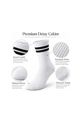 Biçomi Kaymayan, Nefes Alan Çift Çizgili Kolej Stil Unisex Pamuklu Uzun Soket Çorap 12 Li Avantaj Paketi Beyaz