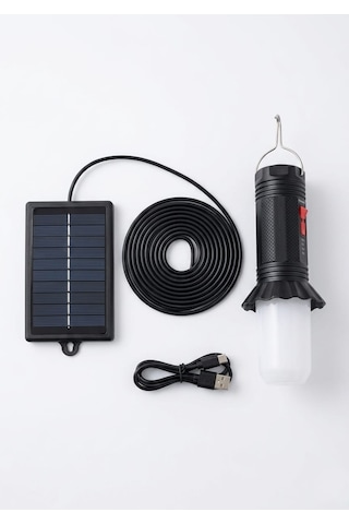 Solar Panelli Şarj Edilebilir Kamp Feneri - Askı Aparatlı Güçlü Led El Feneri Siyah