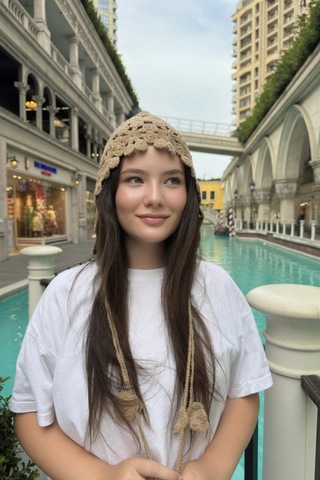 Mollycrush Camel Örgü Yazlık Bere Çiçek Motifli Yazlık Şık Saç Aksesuarı Kahverengi