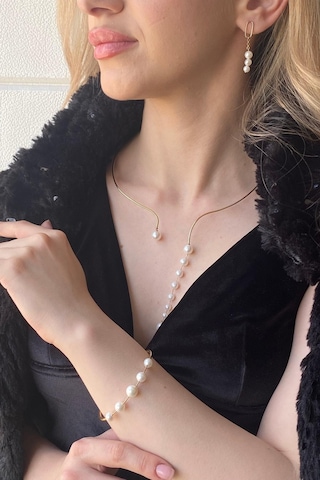 8,5 Mm Sallantılı Doğal İnci Küpe Kolye Bileklik Üçlü Set