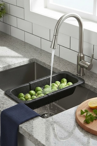 Sieve Siyah - Pratik Ayarlanabilir Sürgülü Lavabo Süzgeci - Meyve Sebze Yıkama Aparatı Siyah