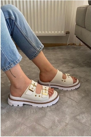 Asmi Shoes Kadın Çift Bant Kapsül Detaylı Kalın Taban Ortopedik Terlik Beyaz Beyaz