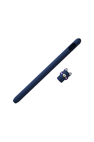 Apple Pencil Pro / 2.nesil Uyumlu Koruyucu Silikon Kılıf Kaydırmaz Sevimli Kedi Figürlü Kalem Değildir Lacivert