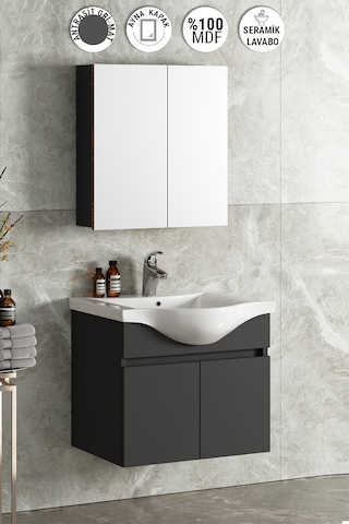 Yıldız 55 Cm Antrasit Gri Mdf Seramik Lavabolu Asma Banyo Dolabı Antrasit - Gri