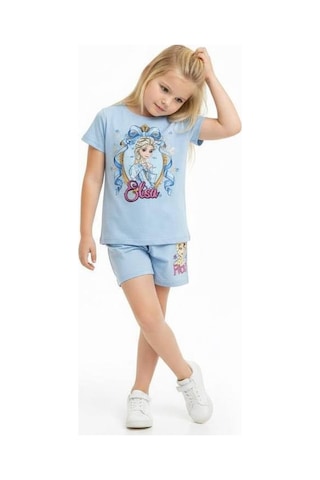 Miniko Kids Kız Çocuk Elsa Modelli Pamul Şortlu Takım Mavi