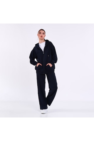 Mmetalic Kadın Lacivert Normal Kalıp Basic Beli Lastikli Kapüşonlu Oversize Mevsimlik Alt Üst Eşofman Takımı