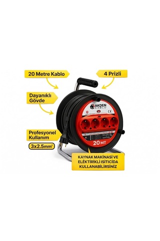 Kablo 20 Metre 3x2,5mm Makaralı Uzatma Kablosu Tam Kesit Kaynak Makinası Kullanıma Uygundur 20 M