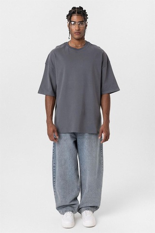 Vamos Basic Oversize Bisiklet Yaka Tişört Füme