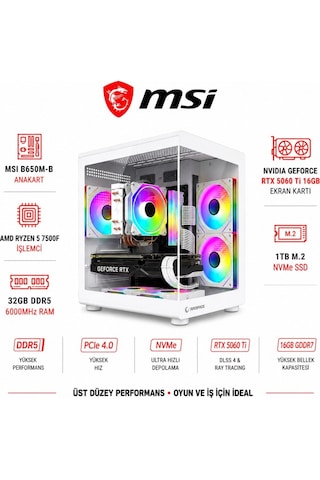 Apphirex CODE X66 R5-7500F 32 GB 1 TB M.2 SSD 16 GB RTX5060Ti W11P Masaüstü Oyuncu Bilgisayarı Beyaz