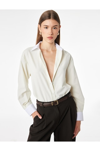 Koton Düğmeli Slim Fit Klasik Yaka Renk Bloklu Uzun Kollu Gömlek Yeşil Çizgili 7wak60049uw