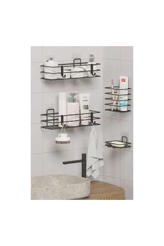 Yapışkanlı Banyo Seti İle Duş Rafı Ve Sabunluk Kombinasyonu Açık Kahverengi