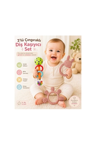 3lü Çıngıraklı Diş Kaşıyıcı Set Bej