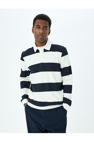 Koton Çizgili Uzun Kollu Pamuk Karışımlı Polo Yaka Sweatshirt Lacivert Çizgili 5sam70005mk Lacivert Çizgili Lacivert