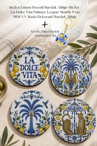 Sicilya Limon Desenli Bardak Altlığı 4lü Set La Dolce Vita 9 Cm Mdf Uv Baskı Çok Renkli