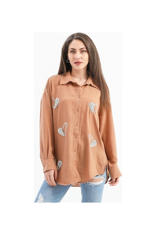 Taşlı Kalp İşlemeli Keten Gömlek - Vizon-vizon Vizon