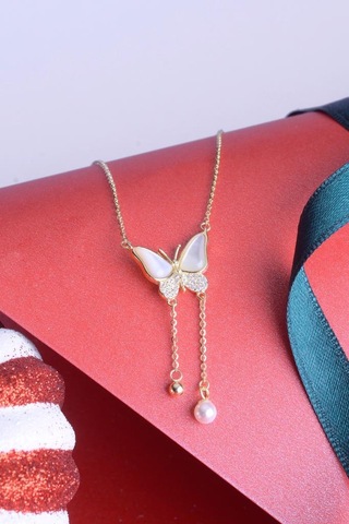 Innuendo Jewelry 925 Ayar Gümüş Sedefi İncili Taşlı Kelebek Kolye Altın