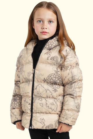 Kız Çocuk Pusula Desen Polar Su Ve Rüzgar Geçirmez Kapüşonlu Şişme Kışlık Mont Bej