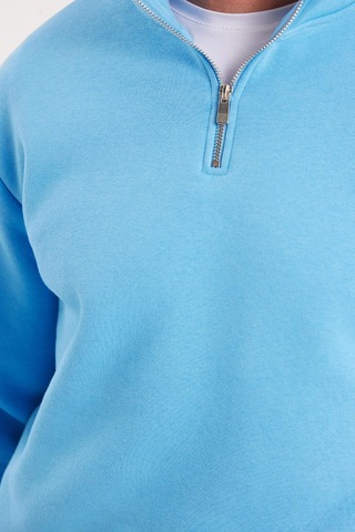 Tudors Unisex Relax Fit Rahat Kesim Pamuklu İçi Polarlı Yarım Fermuarlı Mavi Dik Yaka Sweatshirt-35154 Mavi