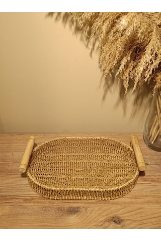 Hasır Rattan Bambu Kulplu Örme Tepsi Küçük Boy Oval Diğer