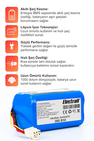360 S10 Vacuum Mop Cleaner Uyumlu Batarya 5200mah