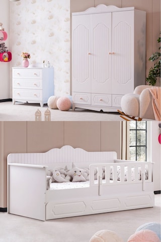 Flower Çocuk Odası Takımı, Flower Yavrulu Karyola, 3 Kapaklı Dolap, Şifonyer - Beyaz Renkli