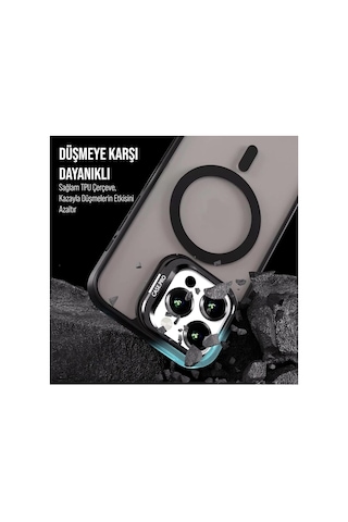 iPhone Uyumlu 14 Plus / 15 Plus Kamera Koruma Stantlı Magsafe Destekli Lens Koruyucu Telefon Kılıfı Siyah