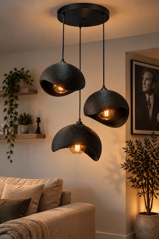 Beton Görünümlü 3'lü Sarkıt Avize Bohem Modern Salon Yemek Masası 3 Rustik Led Ampul Hediyeli Siyah