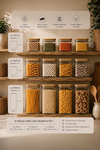 Porsima 12'li Kare Bambu Ahşap Kapaklı Cam Kavanoz Seti 1900 Ml, 1250 Ml, 750 Ml Erzak & Baharatlık Bambu - Şeffaf