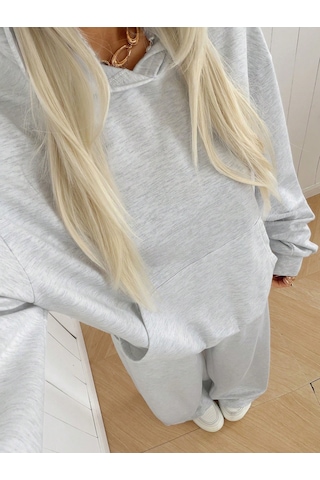 Macklin Unisex Kadın Erkek Baskısız Sportif Oversize 3 İplik Kapüşonlu Hoodie Ve Baggy Eşofman Altı Gri Melanj