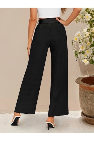DefyModa Kadın Yüksek Bel Lastikli Bağcıklı Uzun Geniş Kesim Detaylı Krinkıl Pantolon Siyah