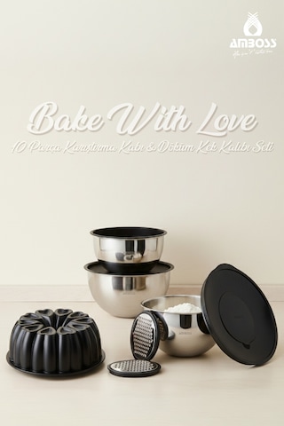 Bake with Love 10 Parça Karıştırma Kabı & Döküm Kek Kalıbı – Siyah