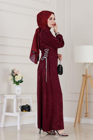 Buse Yanı Bağcıklı Saten Abiye-bordo-4997