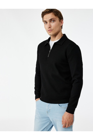 Koton Uzun Kollu Yarım Fermuarlı Polo Yaka Sweatshirt Siyah 7wam70010mk