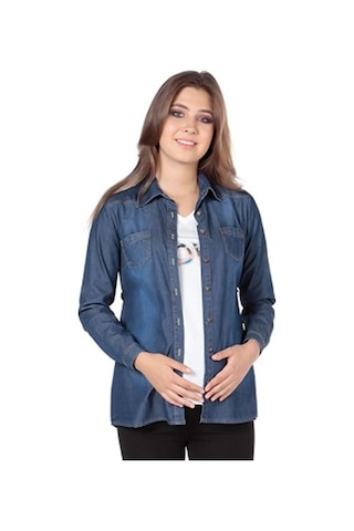 Busa Hamile Kot Gömlek Düz Model Mavi Mavi