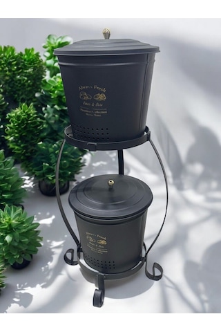 Magic Objects 2 Katlı Metal Büyük Boy Patates Soğan Kovası Kabı Sebzelik Patateslik Soğanlık Sepeti Siyah Siyah