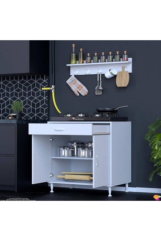 Eliusta Yankı 56 Cm Derinlik 80 Cm Genişlikte Dolap Baharat Raflı Set Üstü Ocak Uyumlu 80x88x56 Cm Dolap Beyaz