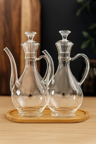 Morponi Bambu Standlı Borosilikat Cam Glorry Yağlık 2'li Set 700 Ml+700 Ml Şeffaf
