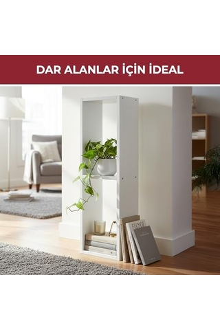 Pıkas Modern Minimalist 2 Raflı Dekoratif Kitaplık Ve Yan Sehpa Beyaz, Dikey Tasarım Abanoz - Beyaz
