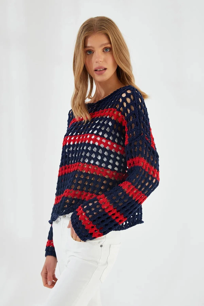 6877 Kadın Çizgili Ajurlu Kayık Yaka Triko Kazak Lacivert Lacivert