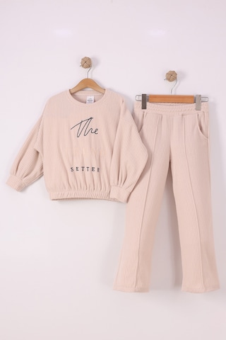 Monox Kız Çocuk Trend Nakışlı Tarz Fitilli Polar Takım Bej