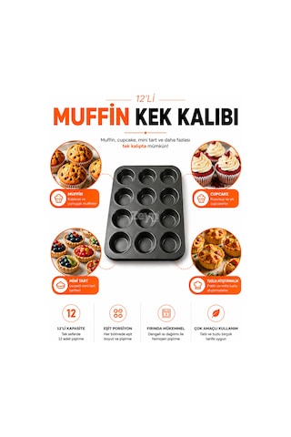 12'li Yapışmaz Muffin Kek Kalıbı Cupcake, Mini Tart Ve Tuzlu Atıştırmalık Pişirme Tepsisi Siyah